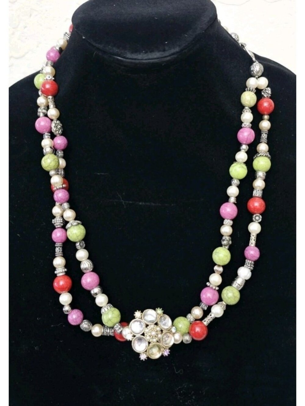 Vintage Double Strand Beaded Necklace Multicolor Rhinestone Statement Jewelry